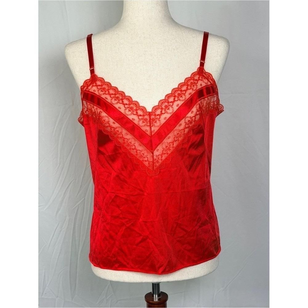 Vintage Vanity Fair Red Lace Satin Camisole. Size 38 made in the USA